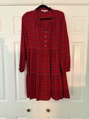 LOFT Red Plaid Tiered Button-Front Women’s Dress